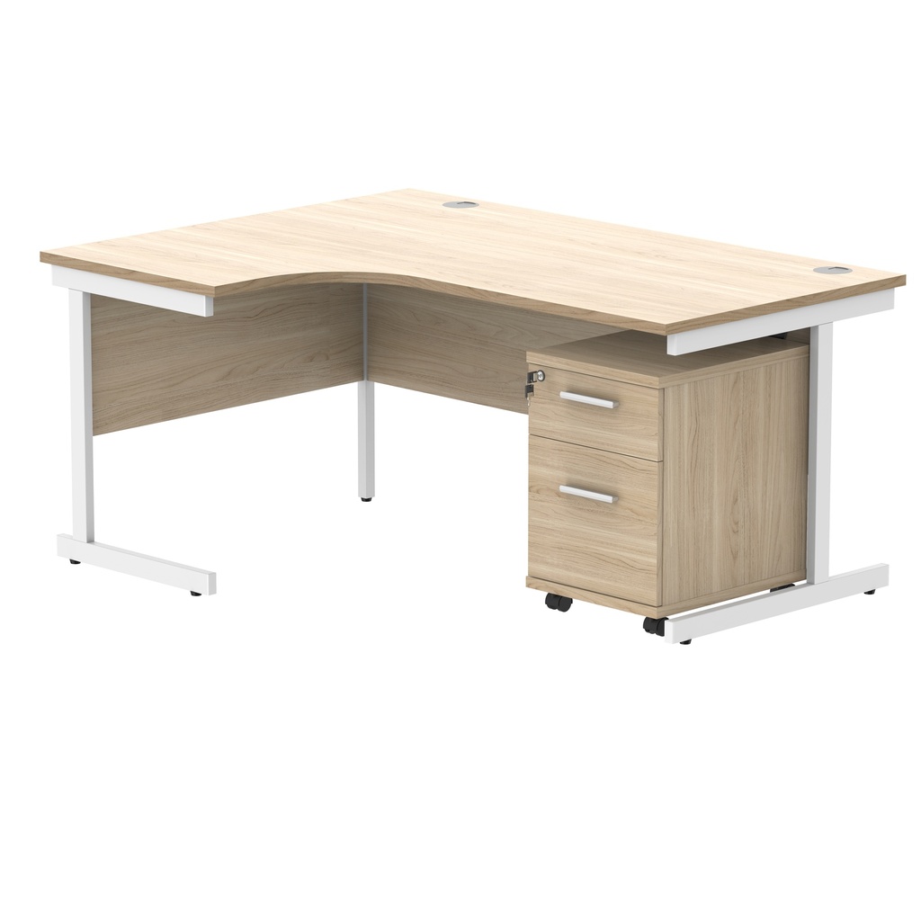 Single Upright Left Hand Radial Desk + 2 Drawer Mobile Under Desk Pedestal (FSC) | 1600 X 1200 | Canadian Oak/White