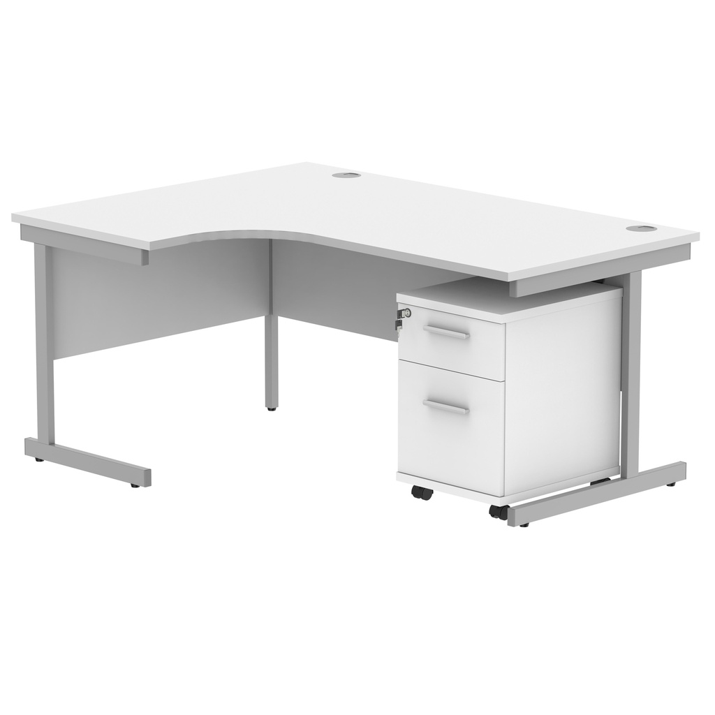 Single Upright Left Hand Radial Desk + 2 Drawer Mobile Under Desk Pedestal (FSC) | 1600 X 1200 | Arctic White/Silver