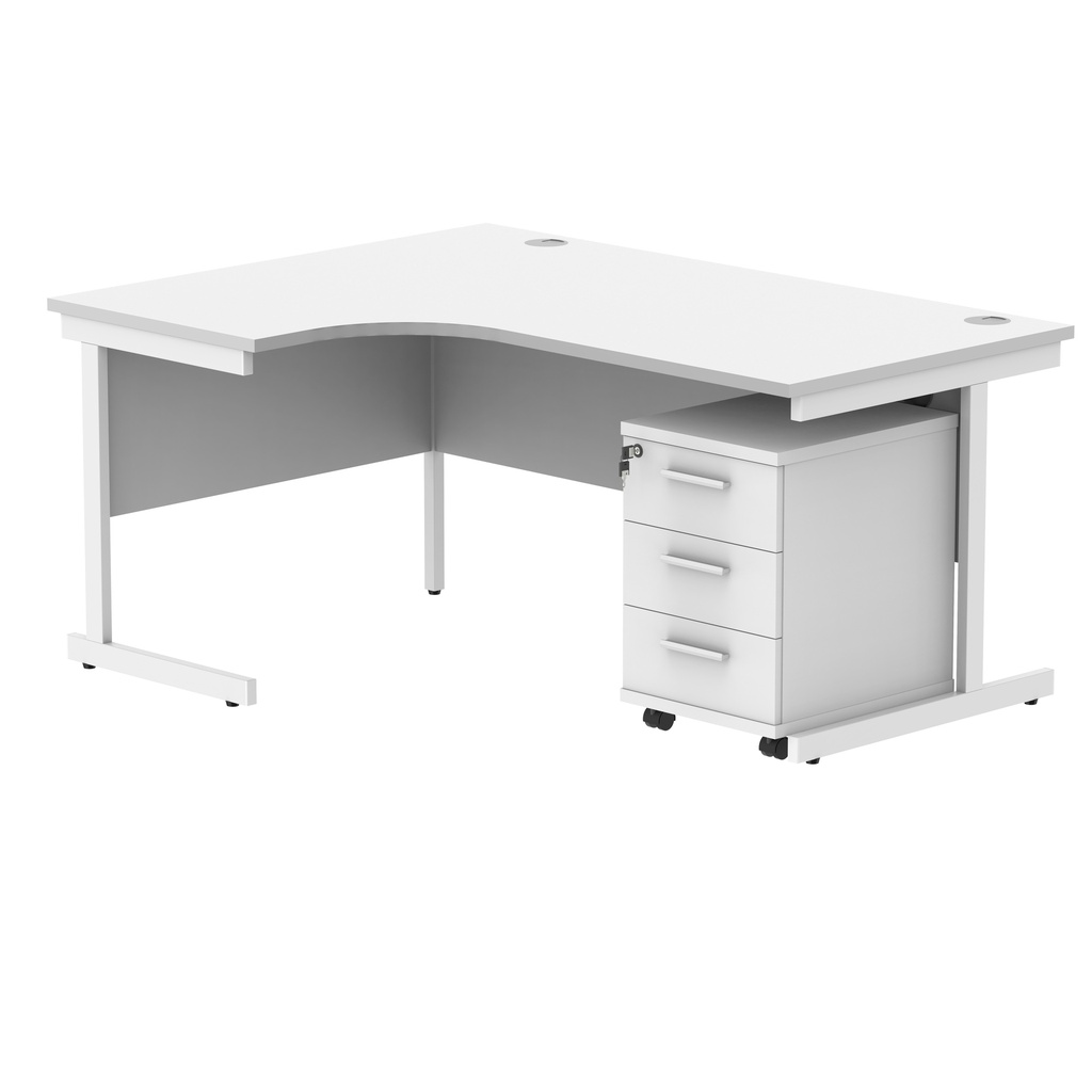 Single Upright Left Hand Radial Desk + 3 Drawer Mobile Under Desk Pedestal (FSC) | 1600 X 1200 | Arctic White/White