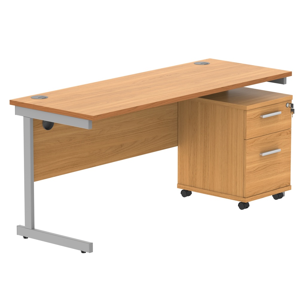 Single Upright Rectangular Desk + 2 Drawer Mobile Under Desk Pedestal (FSC) | 1600 X 600 | Norwegian Beech/Silver