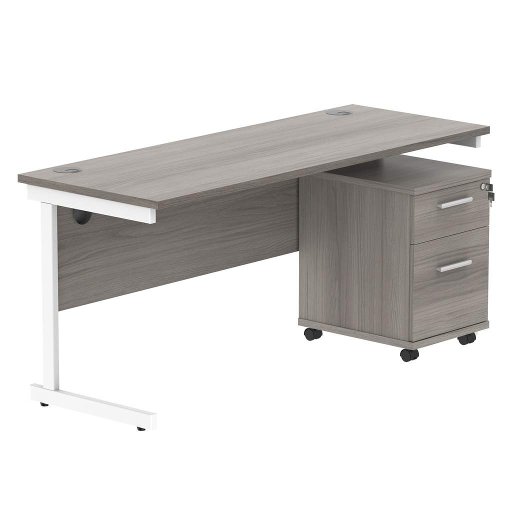 Single Upright Rectangular Desk + 2 Drawer Mobile Under Desk Pedestal (FSC) | 1600 X 600 | Alaskan Grey Oak/White