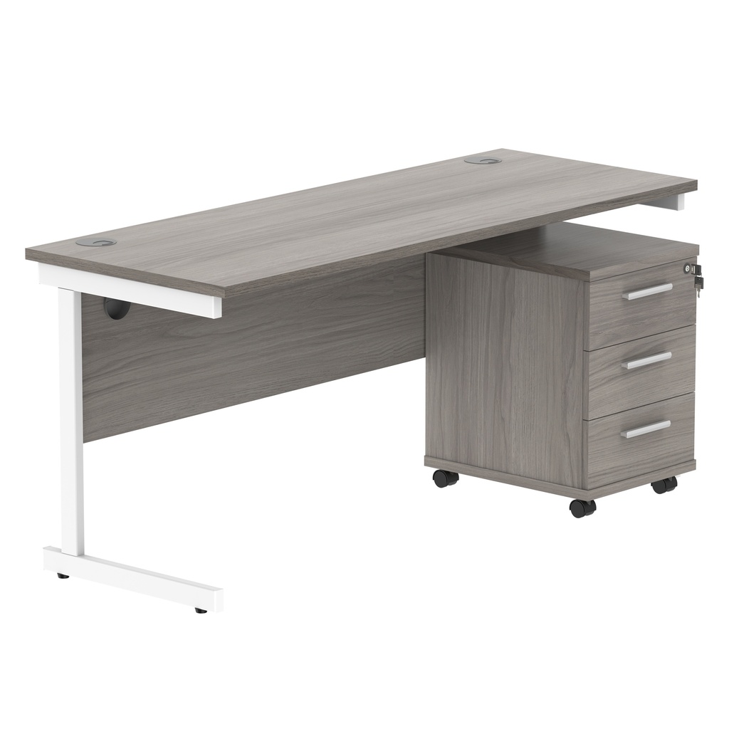 Single Upright Rectangular Desk + 3 Drawer Mobile Under Desk Pedestal (FSC) | 1600 X 600 | Alaskan Grey Oak/White