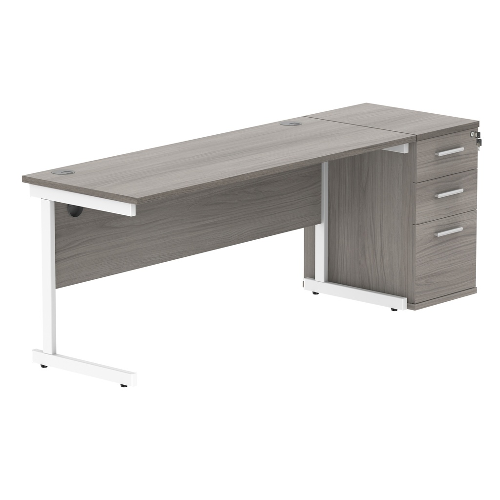 Single Upright Rectangular Desk + Desk High Pedestal (FSC) | 1600 X 600 | Alaskan Grey Oak/White