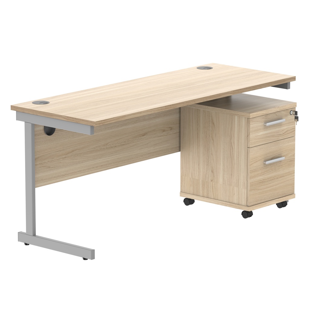 Single Upright Rectangular Desk + 2 Drawer Mobile Under Desk Pedestal (FSC) | 1600 X 600 | Canadian Oak/Silver