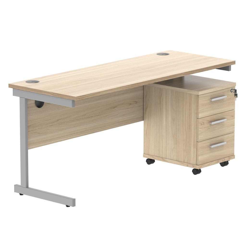 Single Upright Rectangular Desk + 3 Drawer Mobile Under Desk Pedestal (FSC) | 1600 X 600 | Canadian Oak/Silver