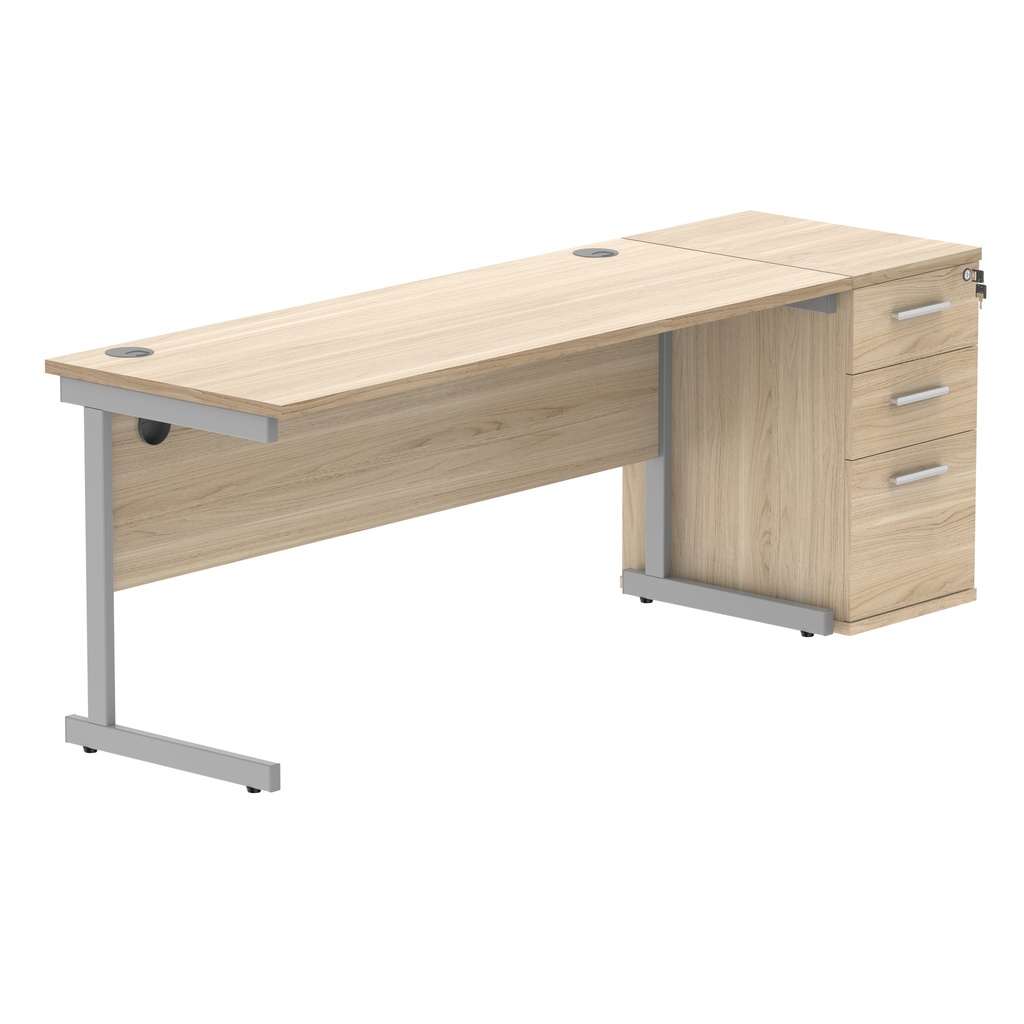 Single Upright Rectangular Desk + Desk High Pedestal (FSC) | 1600 X 600 | Canadian Oak/Silver
