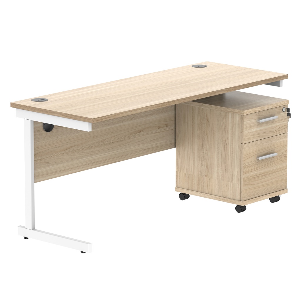 Single Upright Rectangular Desk + 2 Drawer Mobile Under Desk Pedestal (FSC) | 1600 X 600 | Canadian Oak/White