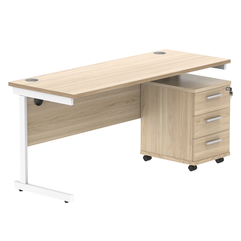 Single Upright Rectangular Desk + 3 Drawer Mobile Under Desk Pedestal (FSC) | 1600 X 600 | Canadian Oak/White