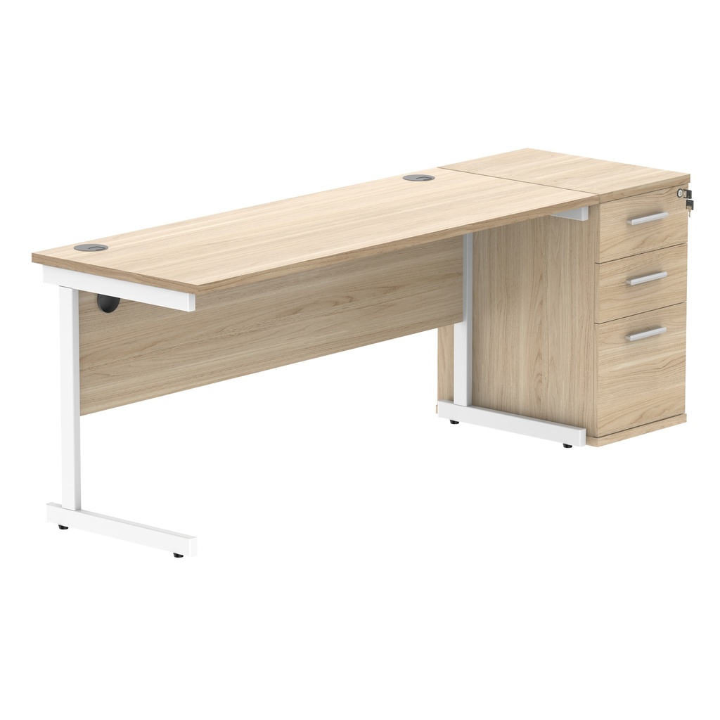 Single Upright Rectangular Desk + Desk High Pedestal (FSC) | 1600 X 600 | Canadian Oak/White