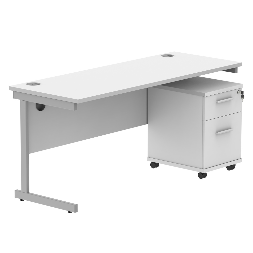 Single Upright Rectangular Desk + 2 Drawer Mobile Under Desk Pedestal (FSC) | 1600 X 600 | Arctic White/Silver