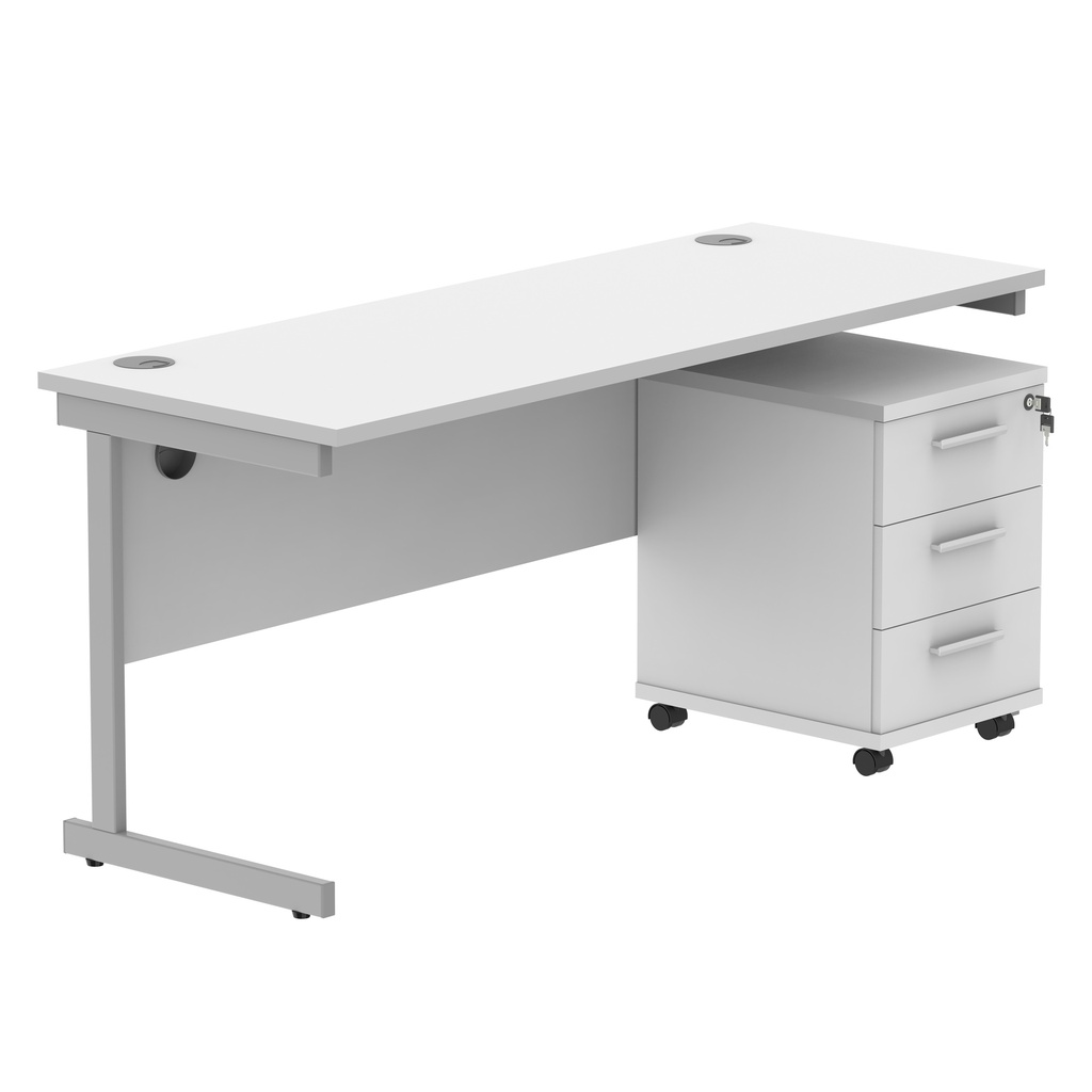 Single Upright Rectangular Desk + 3 Drawer Mobile Under Desk Pedestal (FSC) | 1600 X 600 | Arctic White/Silver