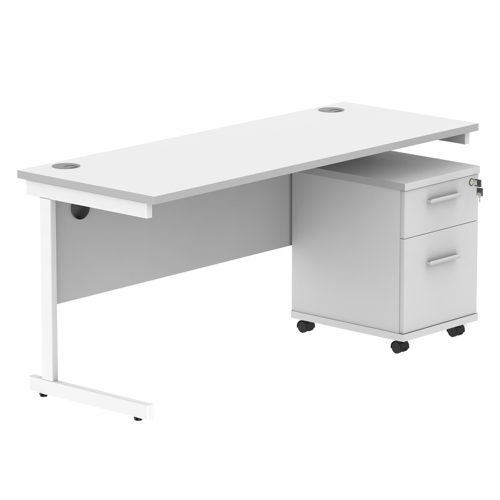 Single Upright Rectangular Desk + 2 Drawer Mobile Under Desk Pedestal (FSC) | 1600 X 600 | Arctic White/White
