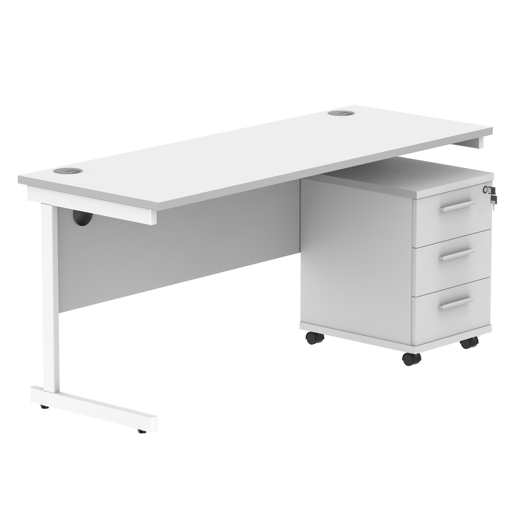 Single Upright Rectangular Desk + 3 Drawer Mobile Under Desk Pedestal (FSC) | 1600 X 600 | Arctic White/White