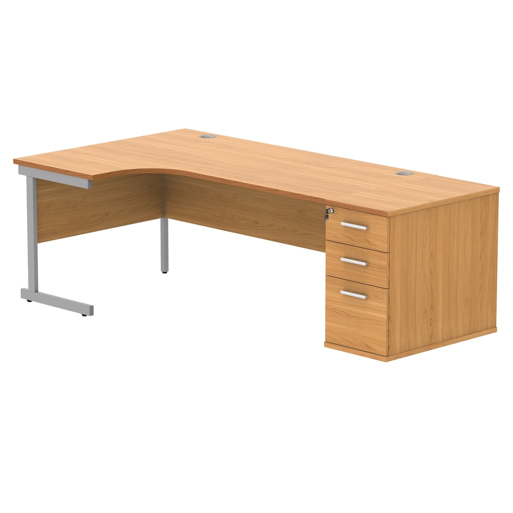 Single Upright Left Hand Radial Desk + Desk High Pedestal (FSC) | 800mm Deep Pedestal | 1800 X 1200 | Norwegian Beech/Silver