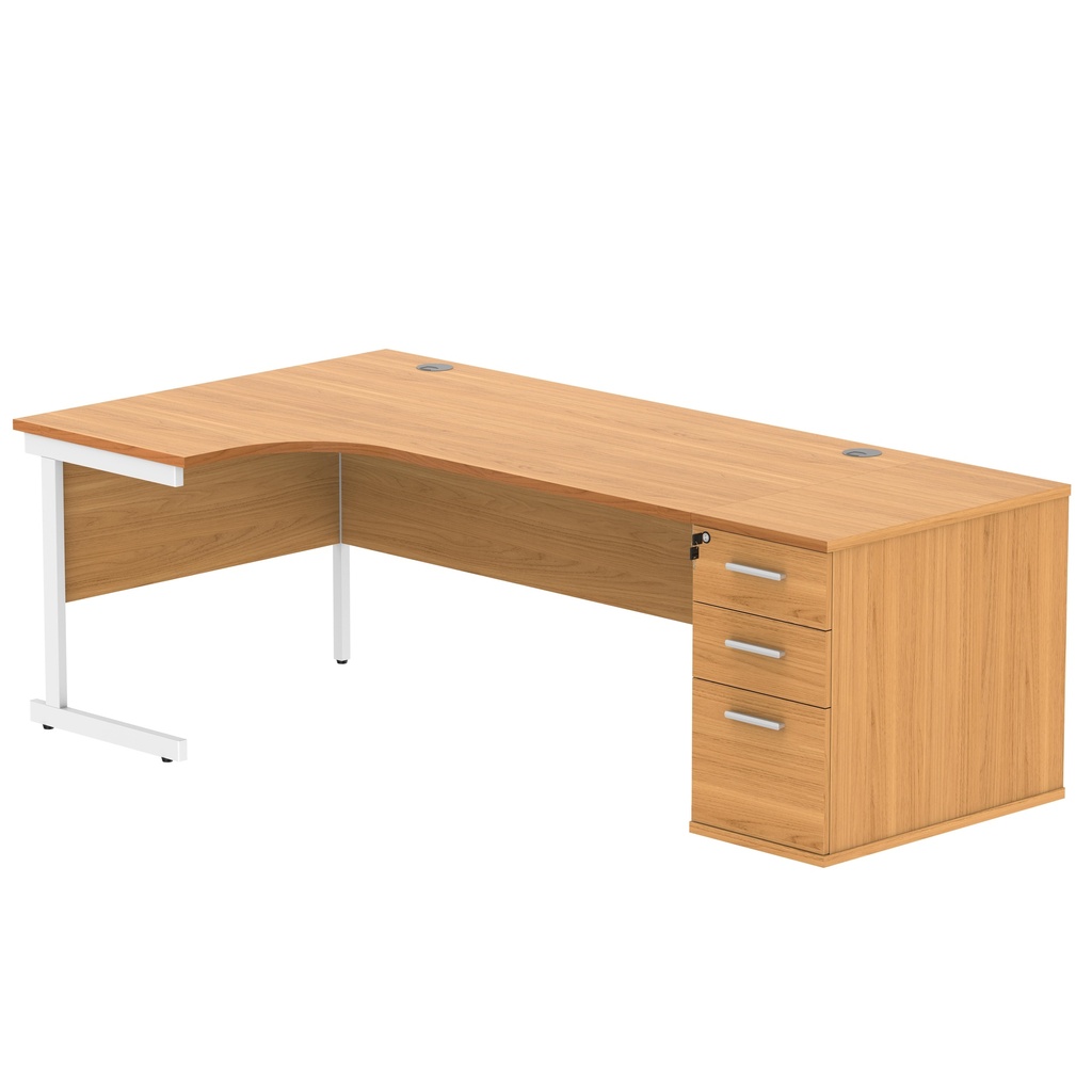 Single Upright Left Hand Radial Desk + Desk High Pedestal (FSC) | 800mm Deep Pedestal | 1800 X 1200 | Norwegian Beech/White