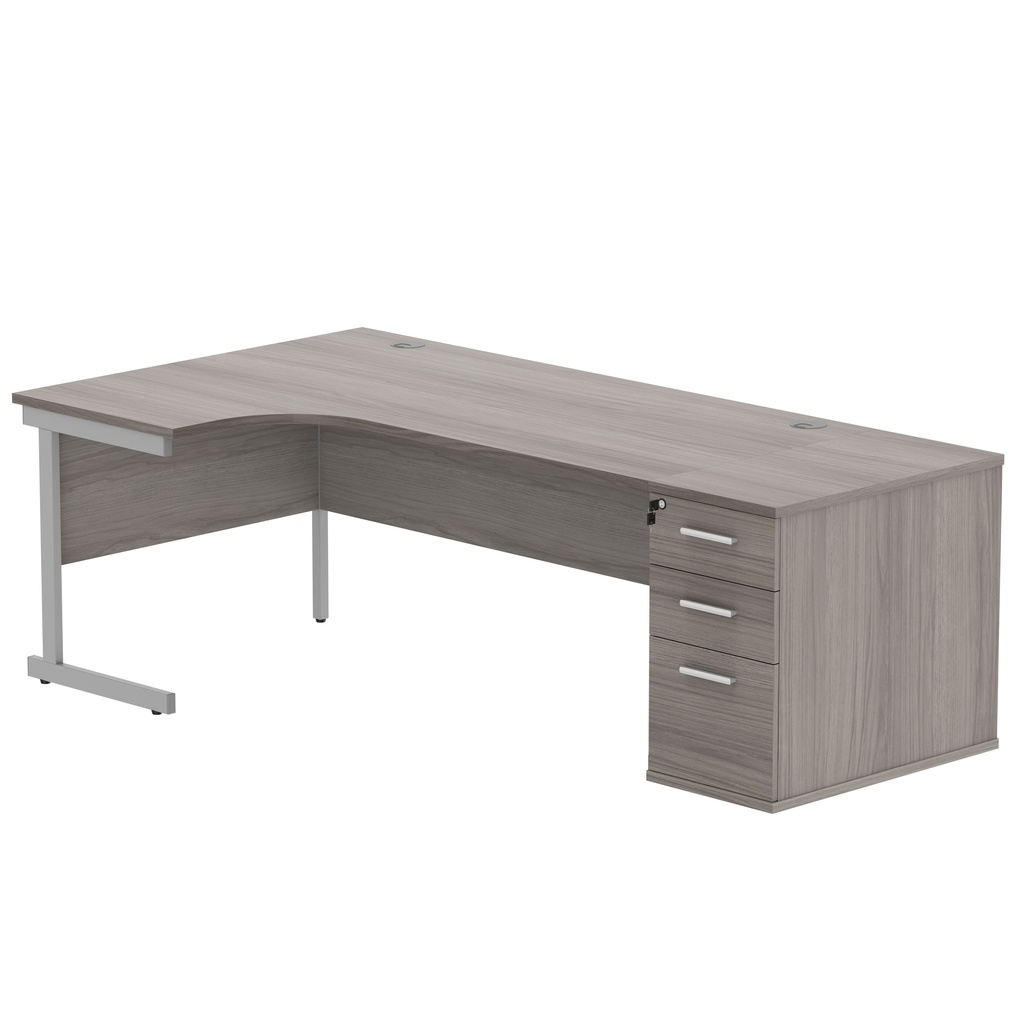 Single Upright Left Hand Radial Desk + Desk High Pedestal (FSC) | 800mm Deep Pedestal | 1800 X 1200 | Alaskan Grey Oak/Silver