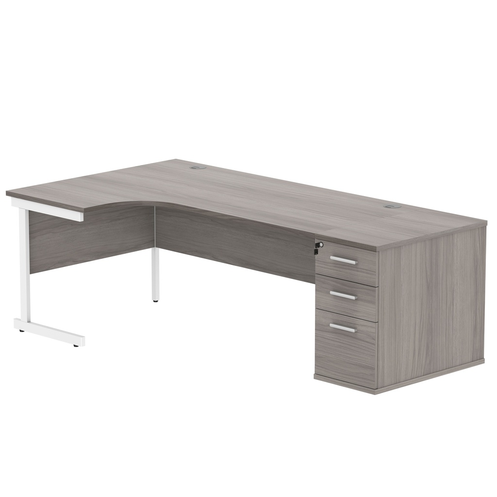 Single Upright Left Hand Radial Desk + Desk High Pedestal (FSC) | 800mm Deep Pedestal | 1800 X 1200 | Alaskan Grey Oak/White