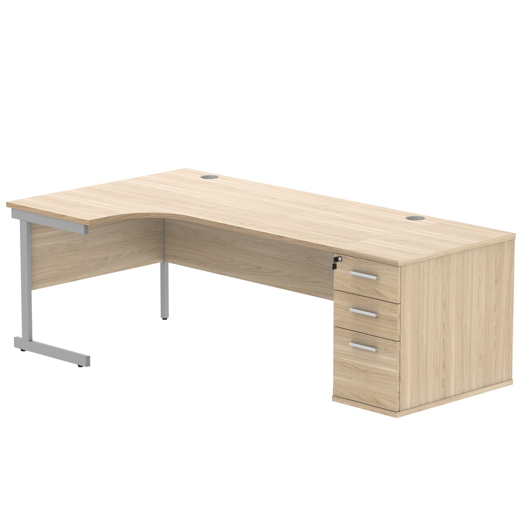 Single Upright Left Hand Radial Desk + Desk High Pedestal (FSC) | 800mm Deep Pedestal | 1800 X 1200 | Canadian Oak/Silver