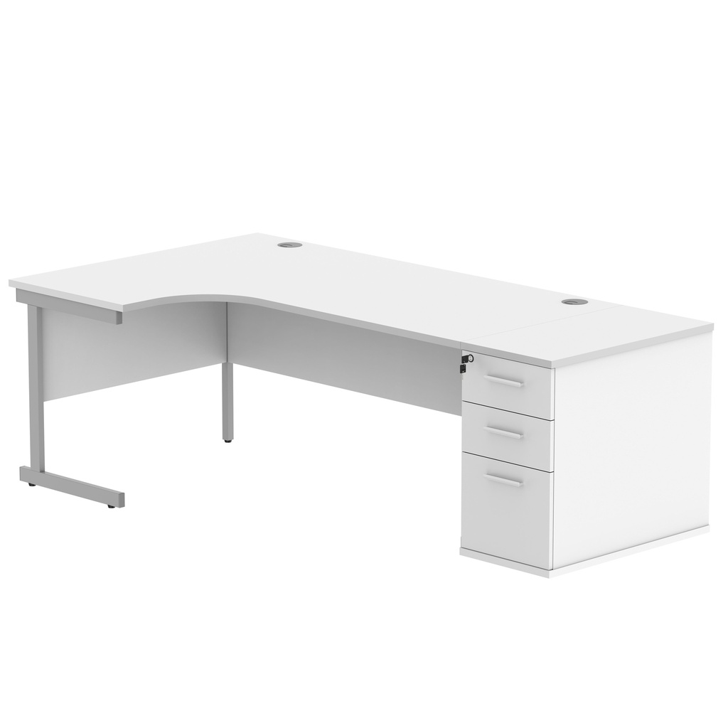 Single Upright Left Hand Radial Desk + Desk High Pedestal (FSC) | 800mm Deep Pedestal | 1800 X 1200 | Arctic White/Silver