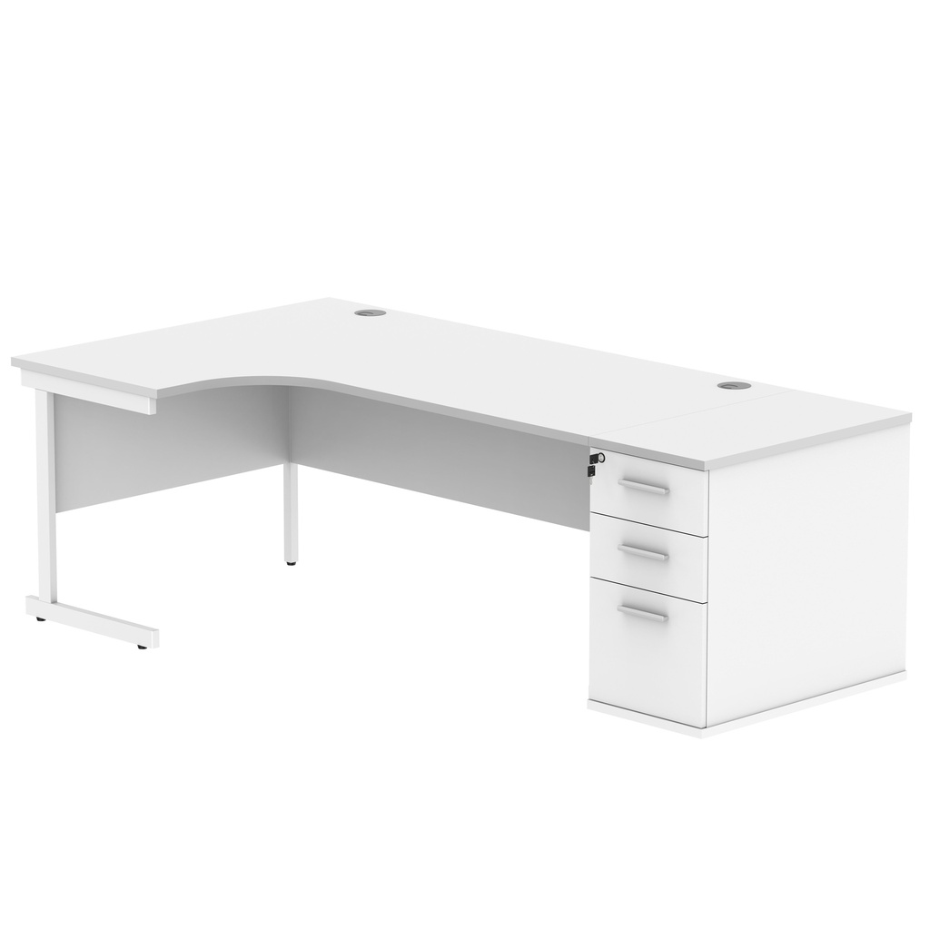 Single Upright Left Hand Radial Desk + Desk High Pedestal (FSC) | 800mm Deep Pedestal | 1800 X 1200 | Arctic White/White