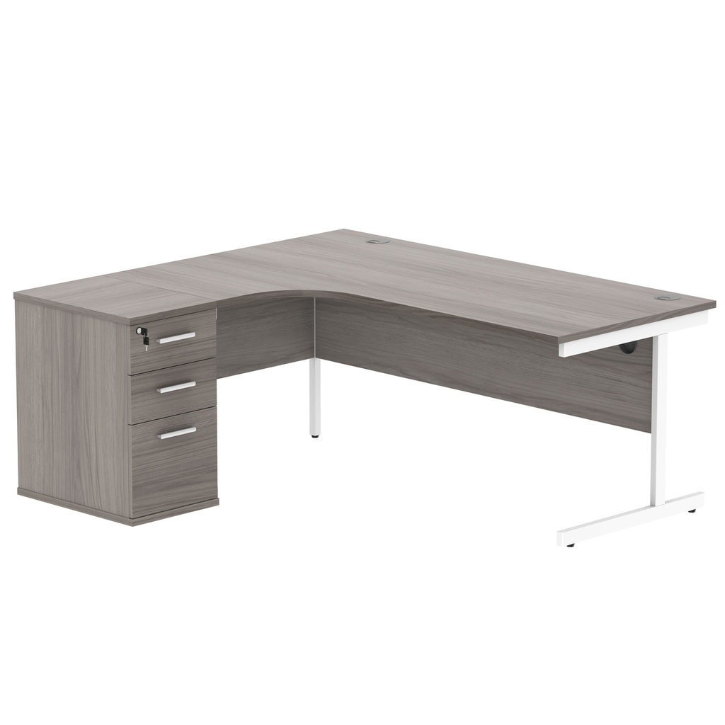 Single Upright Left Hand Radial Desk + Desk High Pedestal (FSC) | 600mm Deep Pedestal | 1800 X 1200 | Alaskan Grey Oak/White