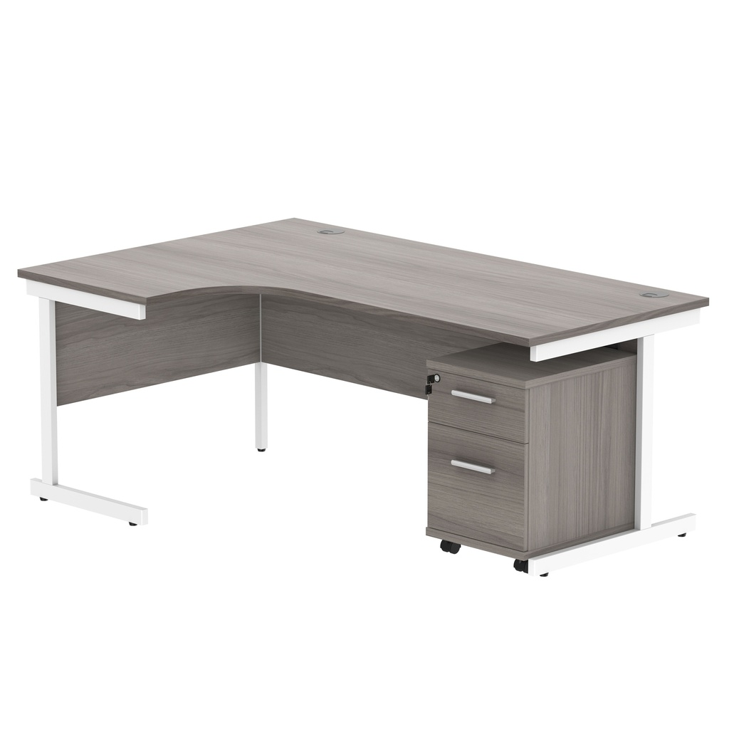 Single Upright Left Hand Radial Desk + 2 Drawer Mobile Under Desk Pedestal (FSC) | 1800 X 1200 | Alaskan Grey Oak/White