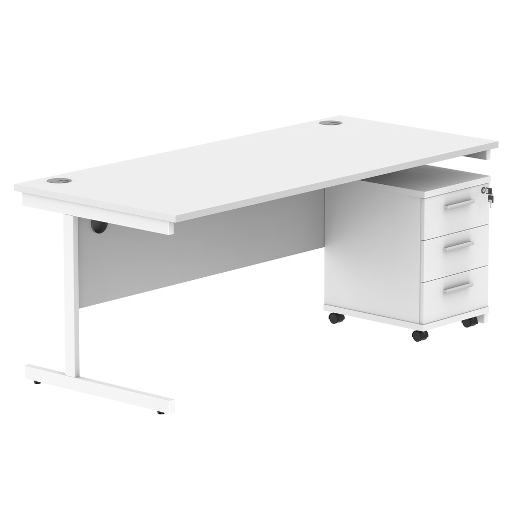 Single Upright Rectangular Desk + 3 Drawer Mobile Under Desk Pedestal | 1800X800 | Arctic White/White