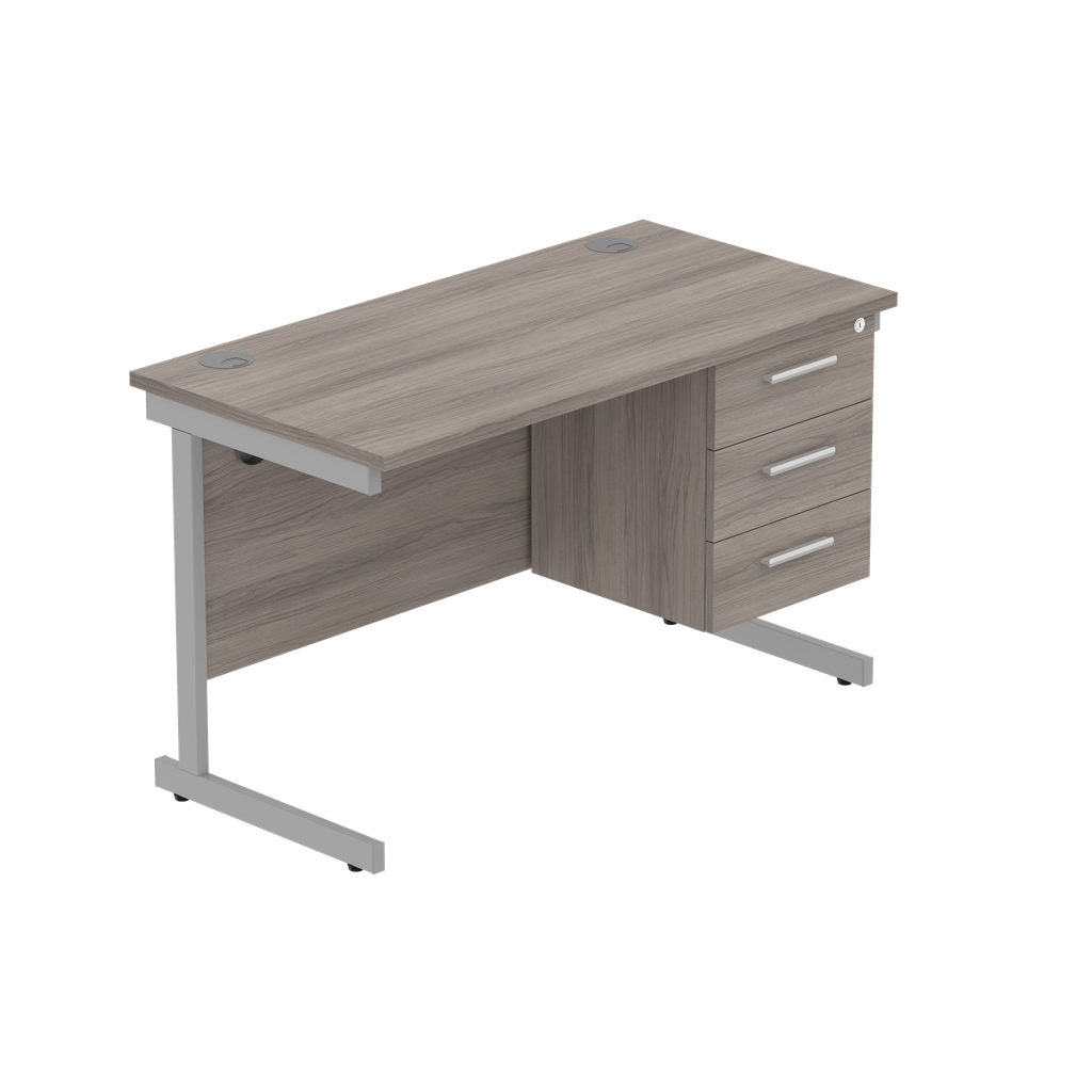 Office Rectangular Desk With Steel Single Upright Cantilever Legs + 3 Draw Fixed Pedestal  (Fsc) | 1200X600 | Alaskan Grey Oak/Silver