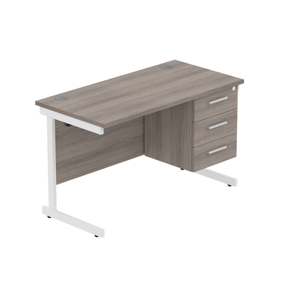 Office Rectangular Desk With Steel Single Upright Cantilever Legs + 3 Draw Fixed Pedestal  (Fsc) | 1200X600 | Alaskan Grey Oak/White