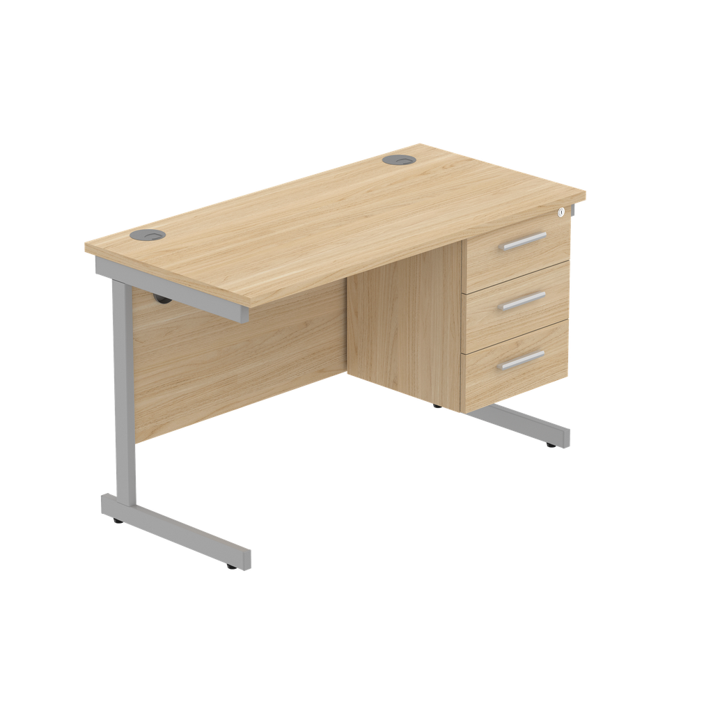 Office Rectangular Desk With Steel Single Upright Cantilever Legs + 3 Draw Fixed Pedestal  (Fsc) | 1200X600 | Canadian Oak/Silver