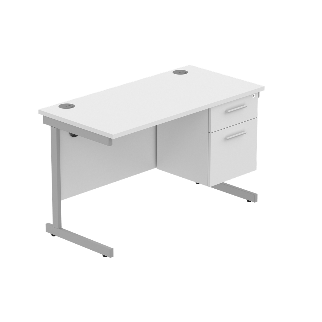 Office Rectangular Desk With Steel Single Upright Cantilever Legs + 2 Draw Fixed Pedestal  (Fsc) | 1200X600 | Arctic White/Silver
