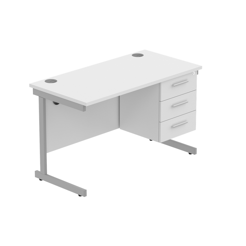 Office Rectangular Desk With Steel Single Upright Cantilever Legs + 3 Draw Fixed Pedestal  (Fsc) | 1200X600 | Arctic White/Silver