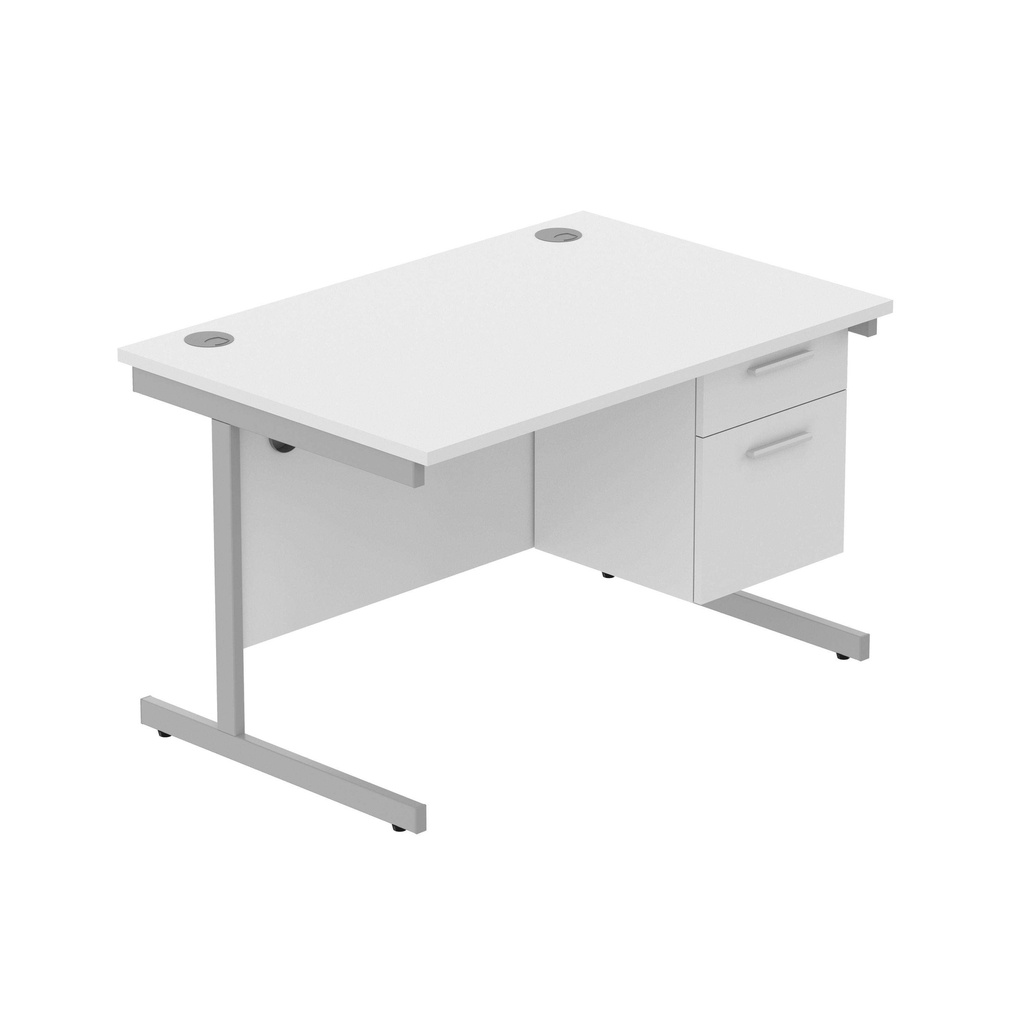 Office Rectangular Desk With Steel Single Upright Cantilever Legs + 2 Draw Fixed Pedestal  (Fsc) | 1200X800 | Arctic White/Silver