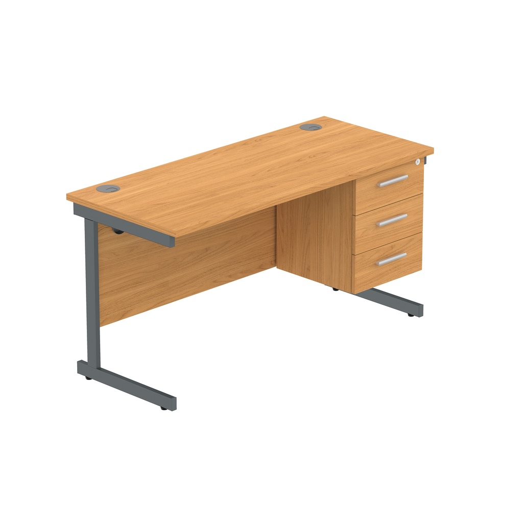 Office Rectangular Desk With Steel Single Upright Cantilever Legs + 3 Draw Fixed Pedestal  (Fsc) | 1400X600 | Norwegian Beech/Graphite