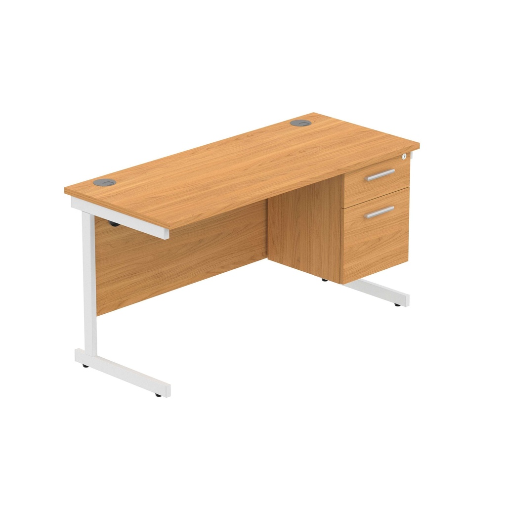 Office Rectangular Desk With Steel Single Upright Cantilever Legs + 2 Draw Fixed Pedestal  (Fsc) | 1400X600 | Norwegian Beech/White