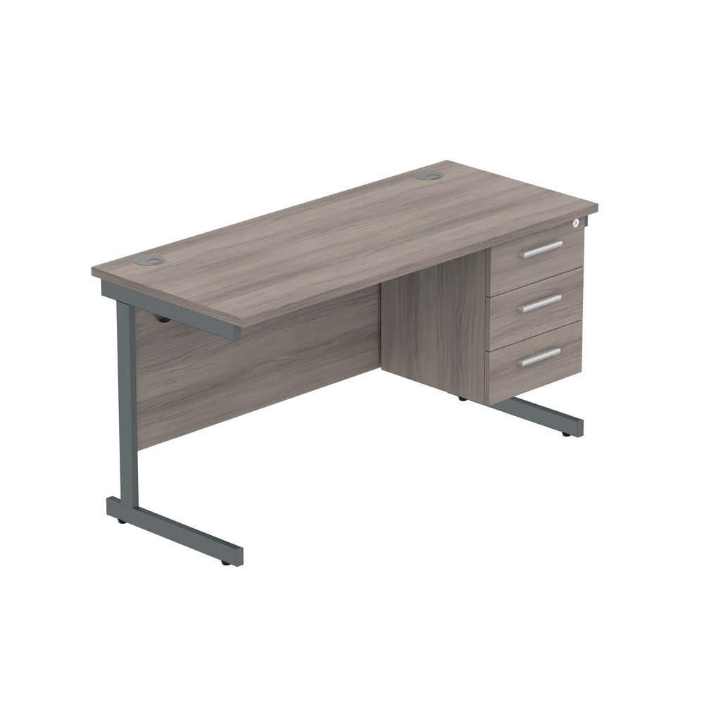 Office Rectangular Desk With Steel Single Upright Cantilever Legs + 3 Draw Fixed Pedestal  (Fsc) | 1400X600 | Alaskan Grey Oak/Graphite