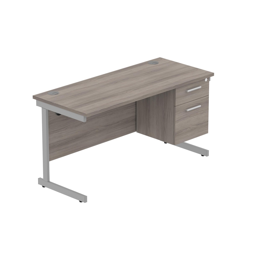 Core|Single Upright|Rectangular Desk With 2 Drawer Fixed Pedestal|1400X600|Alaskan Grey Oak-Silver