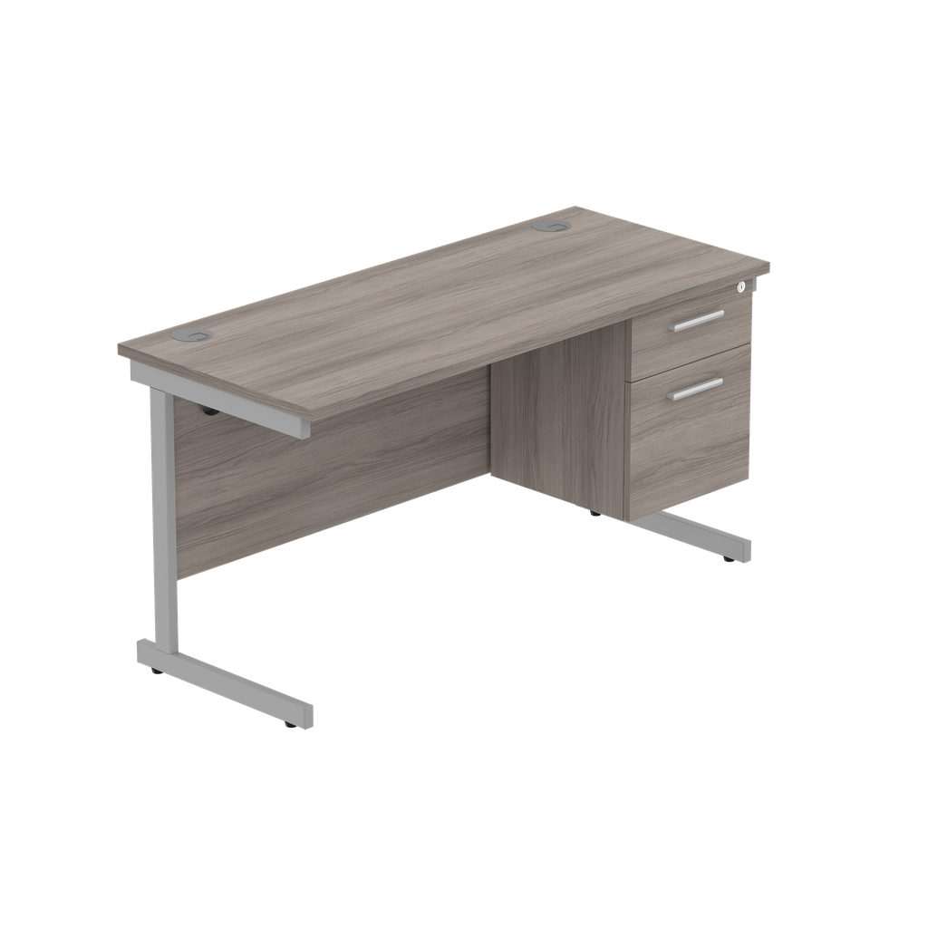 Office Rectangular Desk With Steel Single Upright Cantilever Legs + 2 Draw Fixed Pedestal  (Fsc) | 1400X600 | Alaskan Grey Oak/Silver