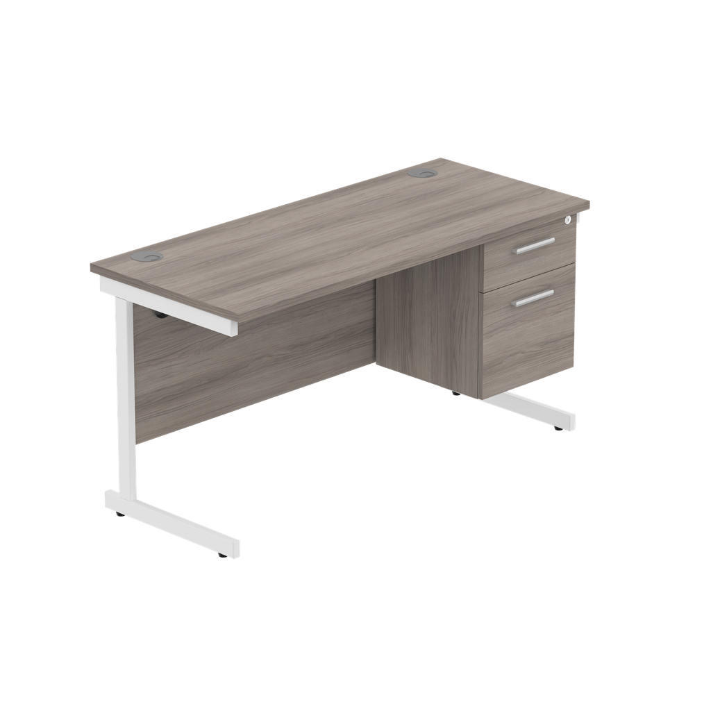Office Rectangular Desk With Steel Single Upright Cantilever Legs + 2 Draw Fixed Pedestal  (Fsc) | 1400X600 | Alaskan Grey Oak/White