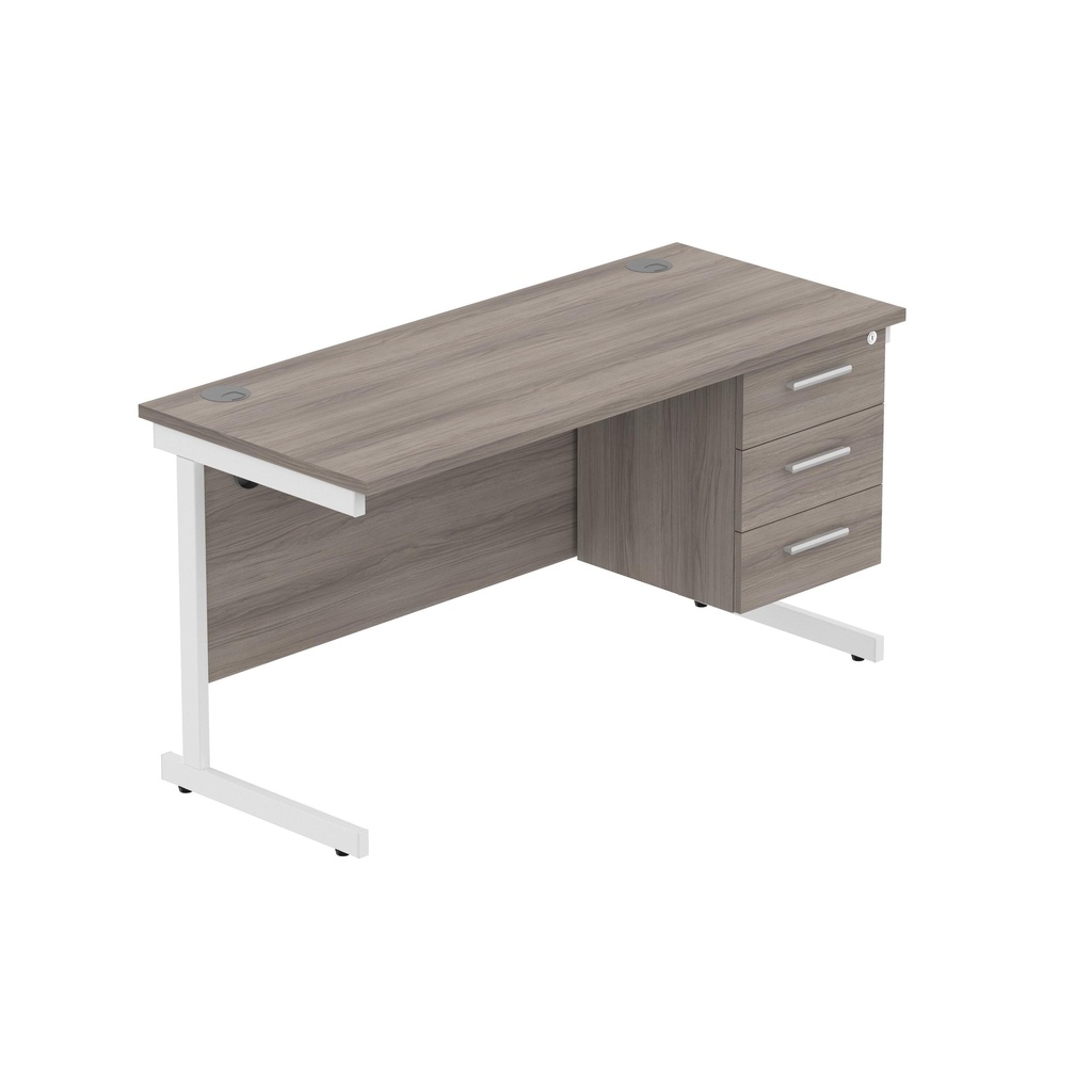 Core|Single Upright|Rectangular Desk With 3 Drawer Fixed Pedestal|1400X600|Alaskan Grey Oak-White