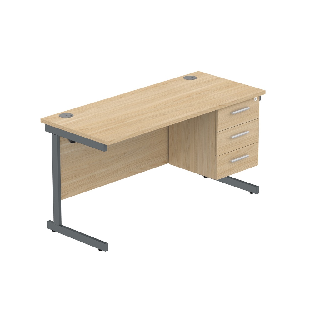 Office Rectangular Desk With Steel Single Upright Cantilever Legs + 3 Draw Fixed Pedestal  (Fsc) | 1400X600 | Canadian Oak/Graphite