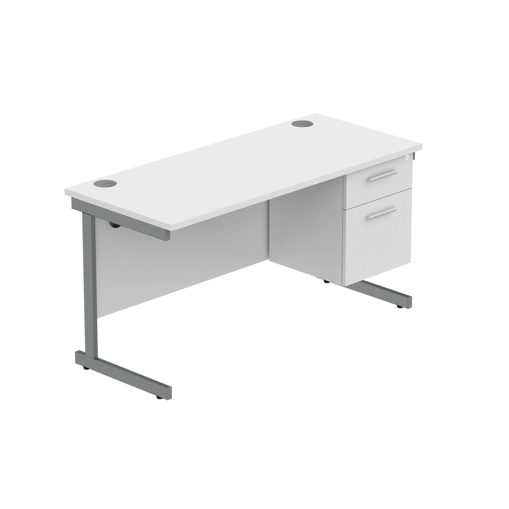 Office Rectangular Desk With Steel Single Upright Cantilever Legs + 2 Draw Fixed Pedestal  (Fsc) | 1400X600 | Arctic White/Graphite