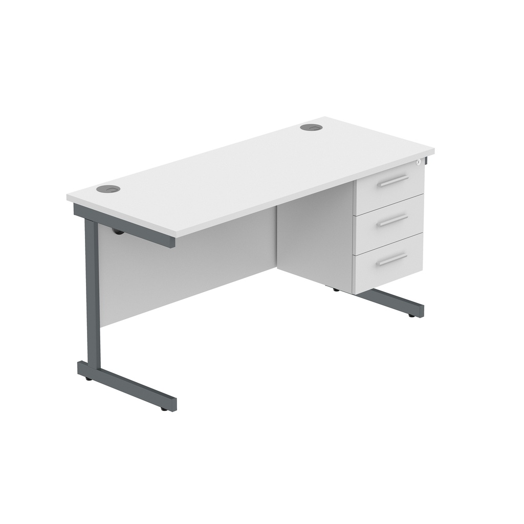 Office Rectangular Desk With Steel Single Upright Cantilever Legs + 3 Draw Fixed Pedestal  (Fsc) | 1400X600 | Arctic White/Graphite