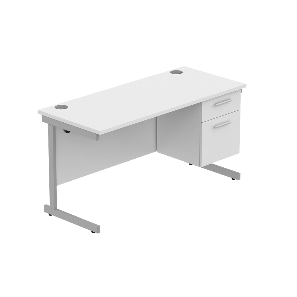 Office Rectangular Desk With Steel Single Upright Cantilever Legs + 2 Draw Fixed Pedestal  (Fsc) | 1400X600 | Arctic White/Silver