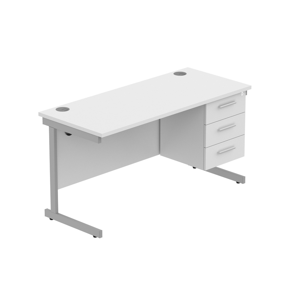 Core|Single Upright|Rectangular Desk With 3 Drawer Fixed Pedestal|1400X600|Arctic White-Silver