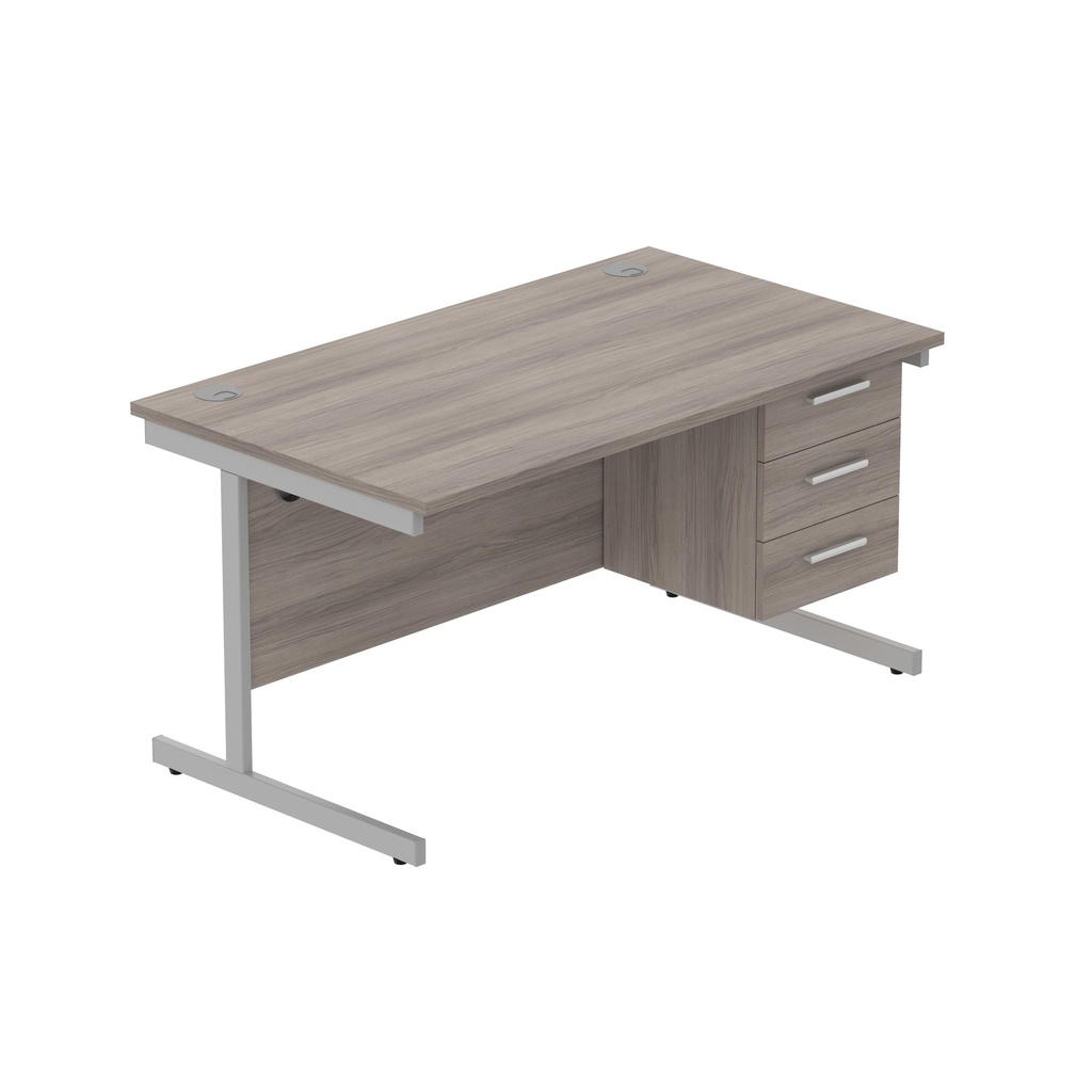 Core|Single Upright|Rectangular Desk With 3 Drawer Fixed Pedestal|1400X800|Alaskan Grey Oak-Silver