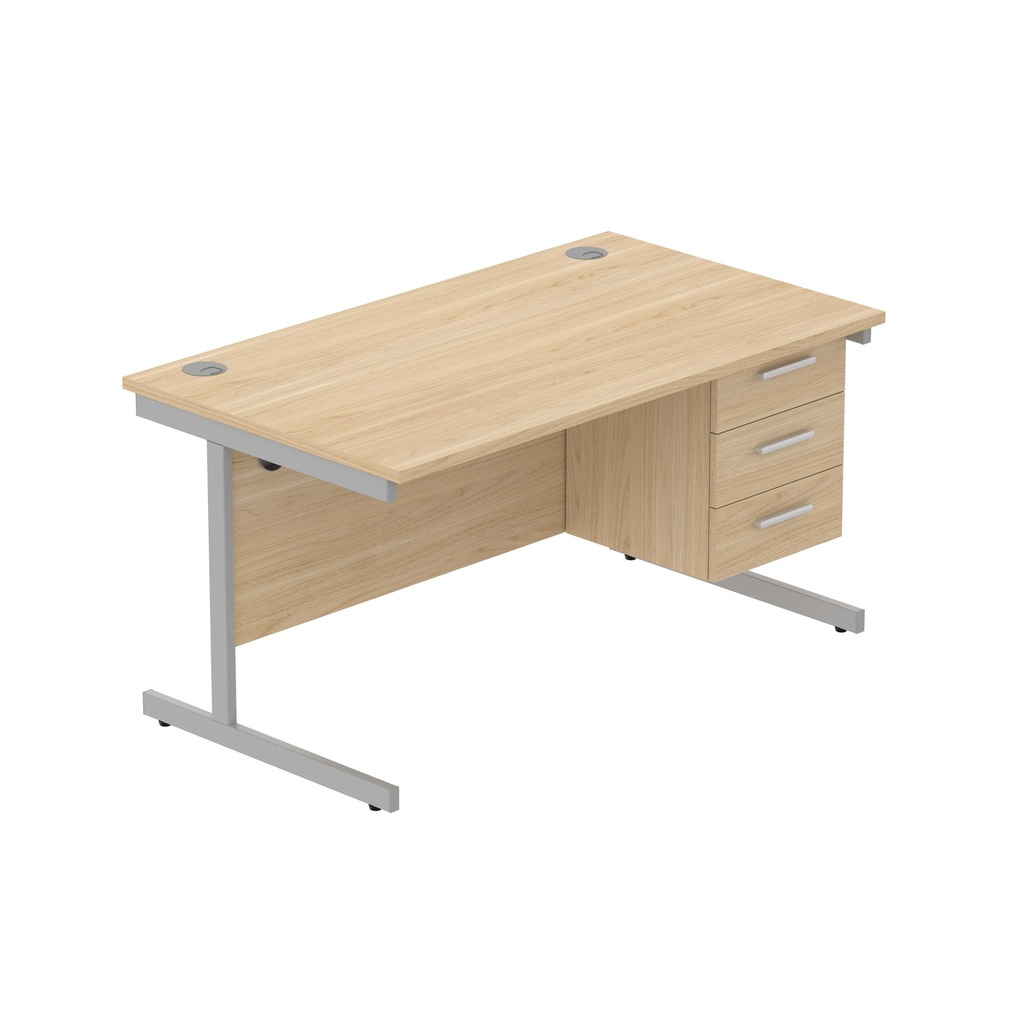 Core|Single Upright|Rectangular Desk With 3 Drawer Fixed Pedestal|1400X800|Canadian Oak-Silver