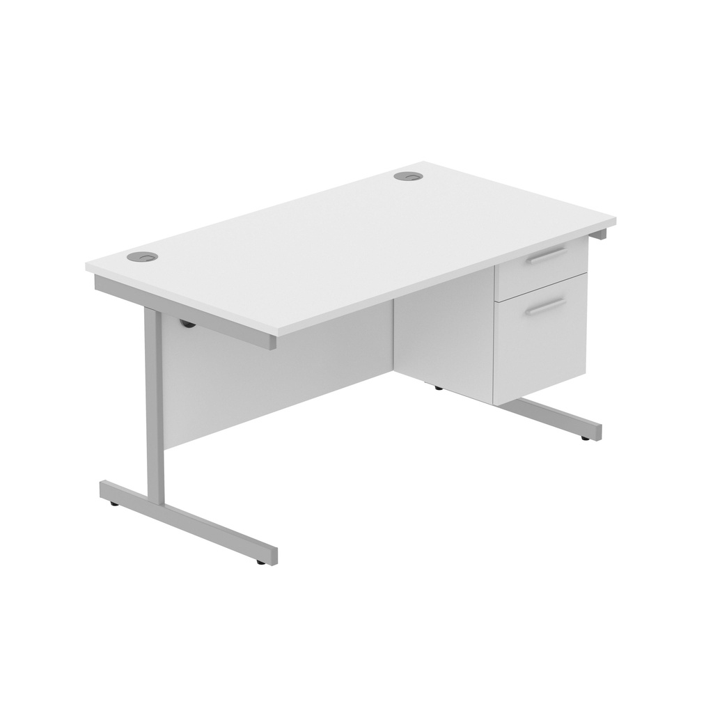 Office Rectangular Desk With Steel Single Upright Cantilever Legs + 2 Draw Fixed Pedestal  (Fsc) | 1400X800 | Arctic White/Silver