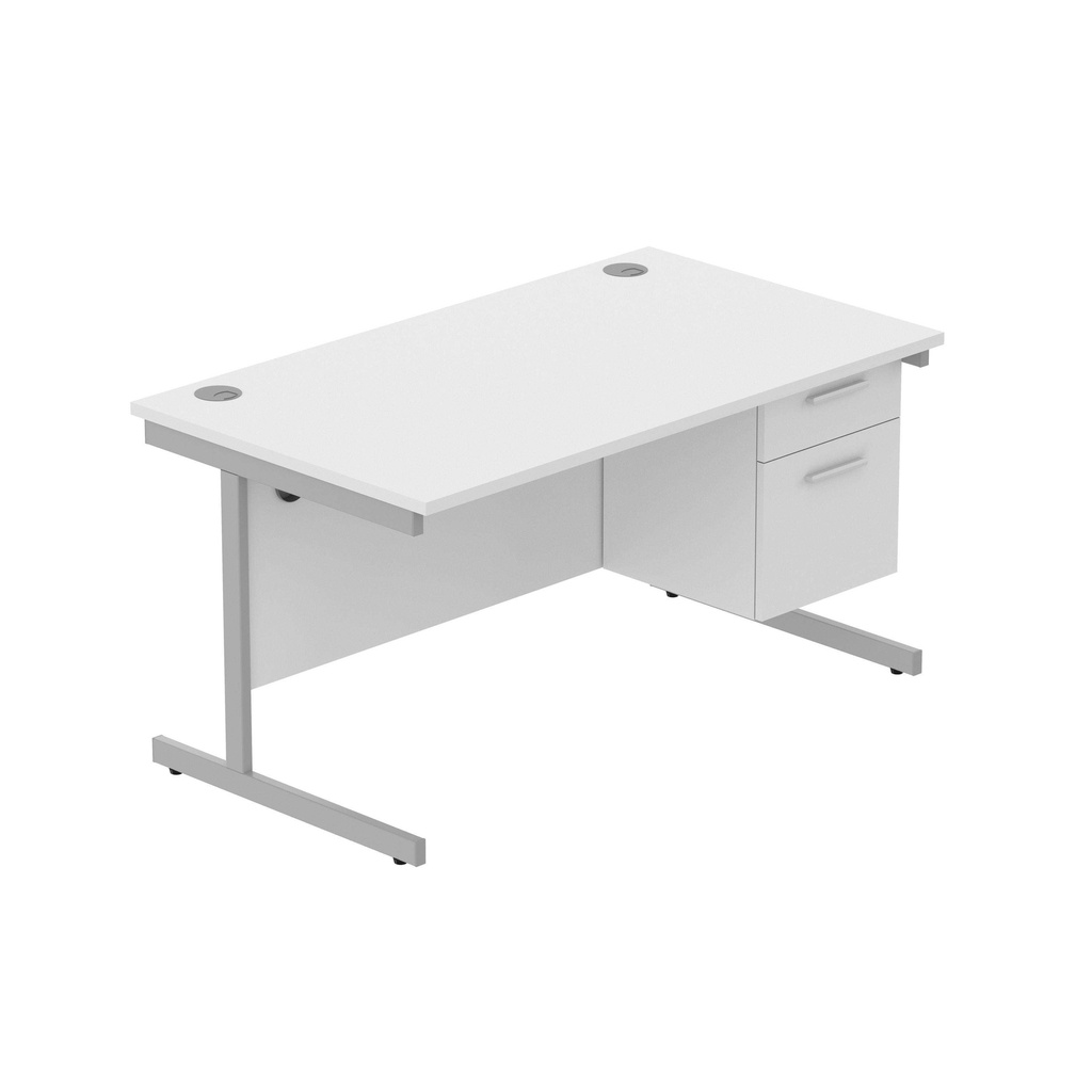 Office Rectangular Desk With Steel Single Upright Cantilever Legs + 2 Draw Fixed Pedestal  (Fsc) | 1400X800 | Arctic White/Silver