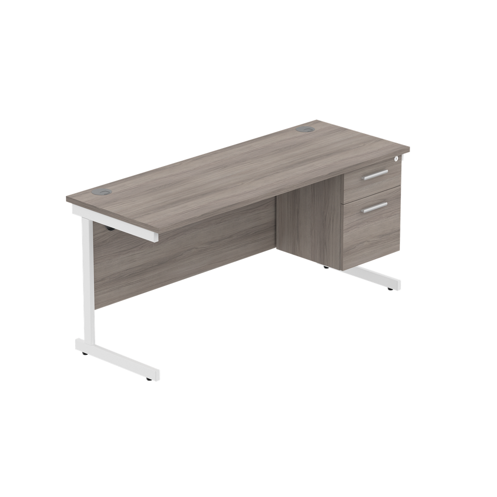 Office Rectangular Desk With Steel Single Upright Cantilever Legs + 2 Draw Fixed Pedestal  (Fsc) | 1600X600 | Alaskan Grey Oak/White